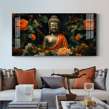 Luminous Buddha With Flower Glass Finish Horizontal Wall Art