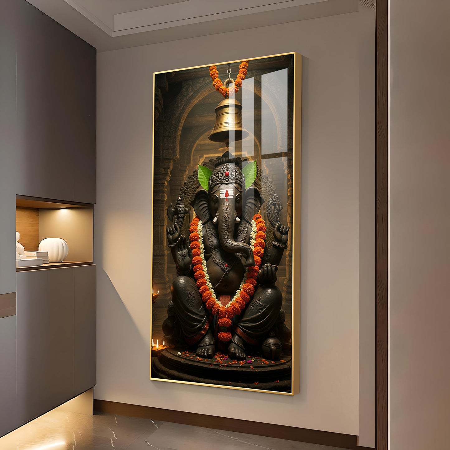 Lord Ganesh Blessing Glass Finish Vertical Wall Art
