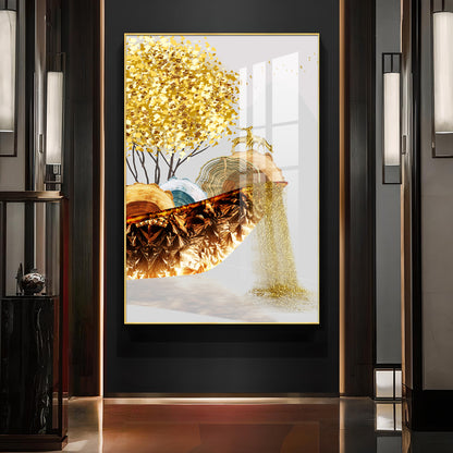 Golden Serenity Glass Finish Vertical Wall Art