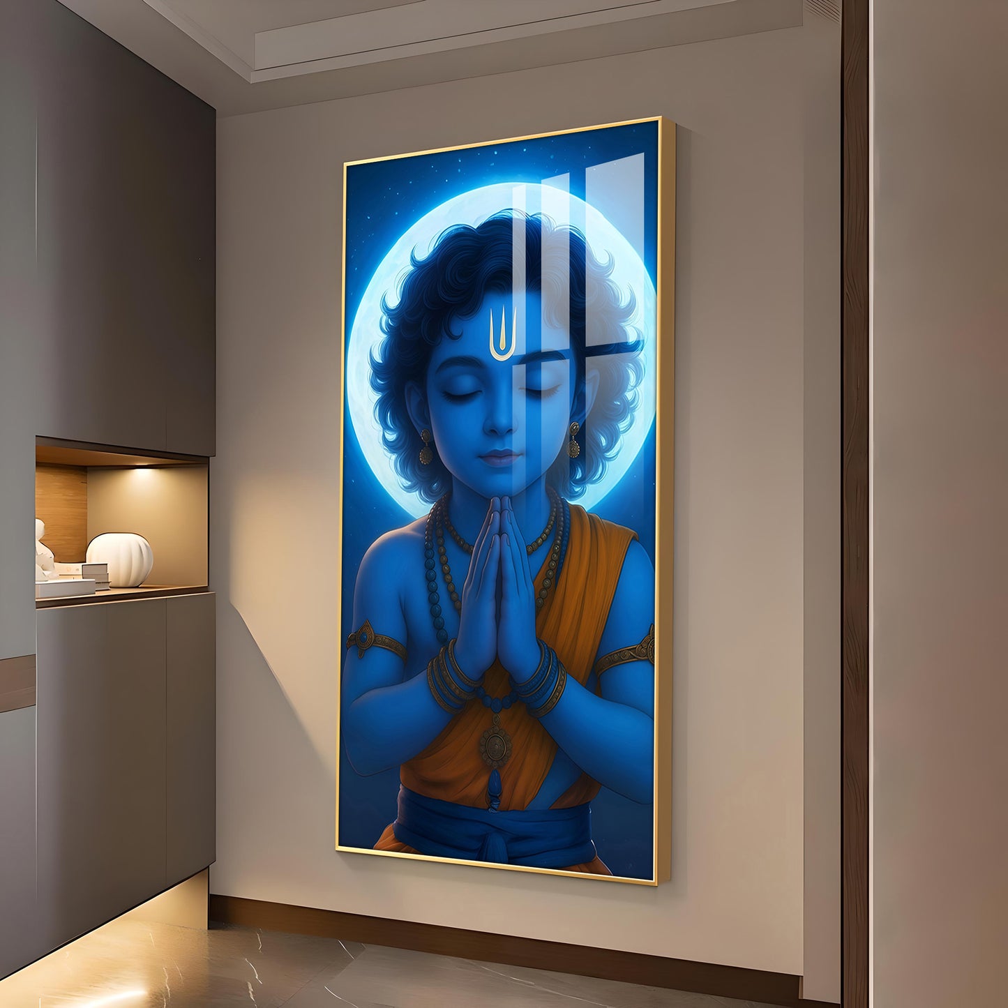 Praying Little krishna Glass Finish vertical Wall Art