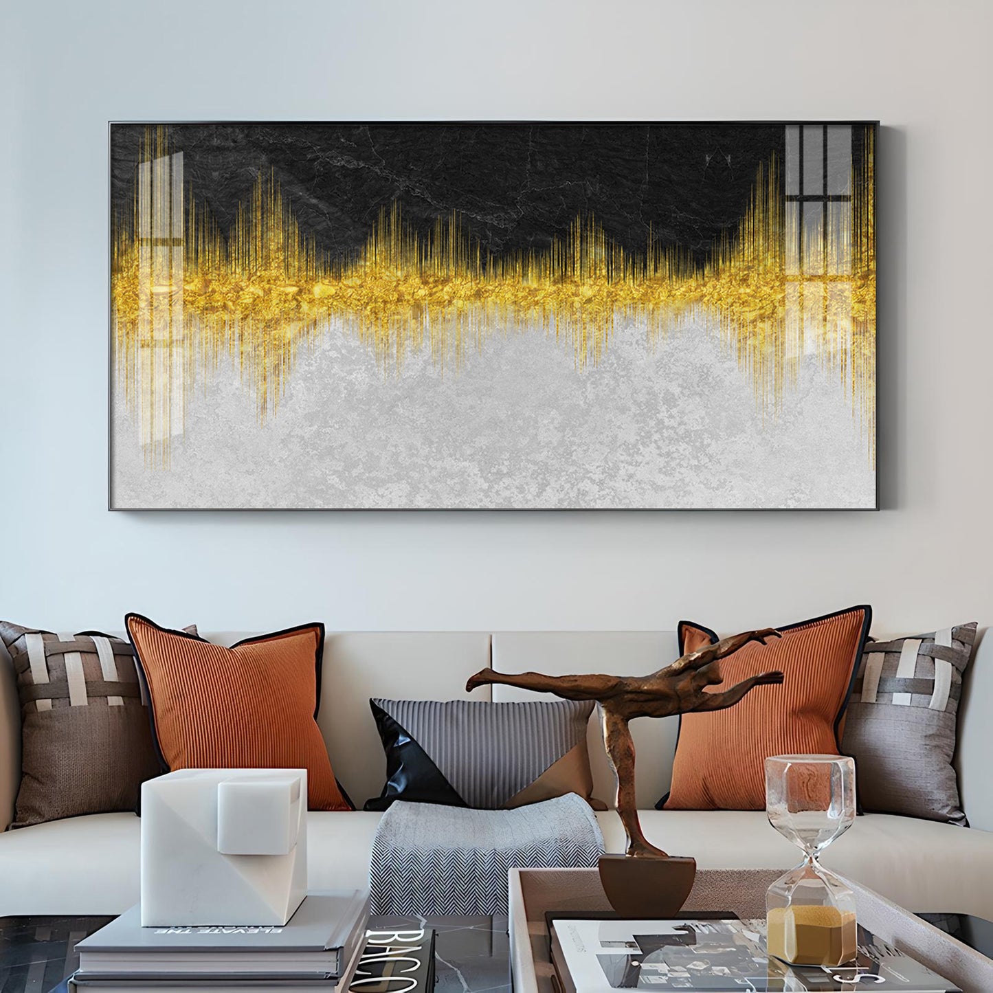 Abstract Marble Golden Black Glass Finish Horizontal Wall Art