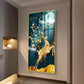 Golden Antlers and Blossoms Glass Finish Vertical Wall Art