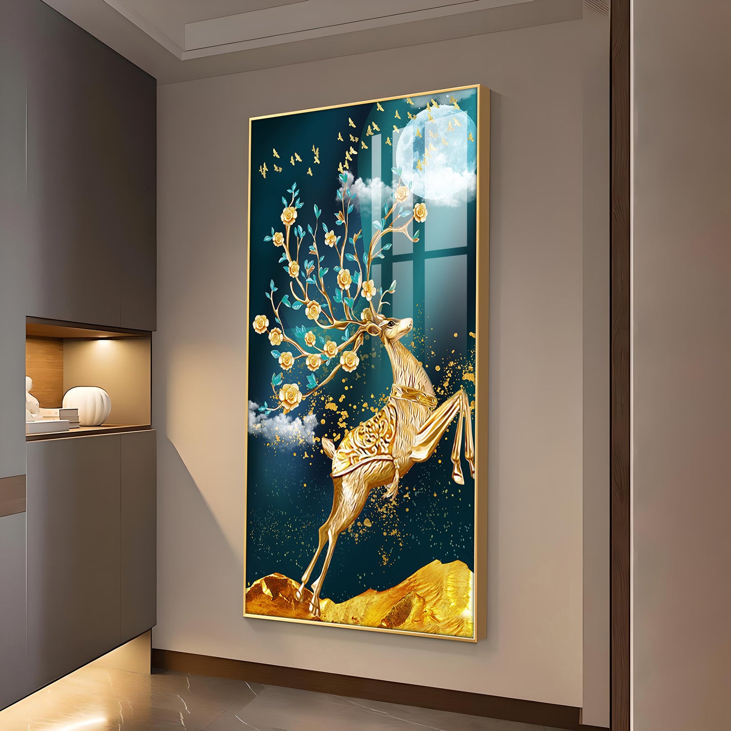 Golden Antlers and Blossoms Glass Finish Vertical Wall Art