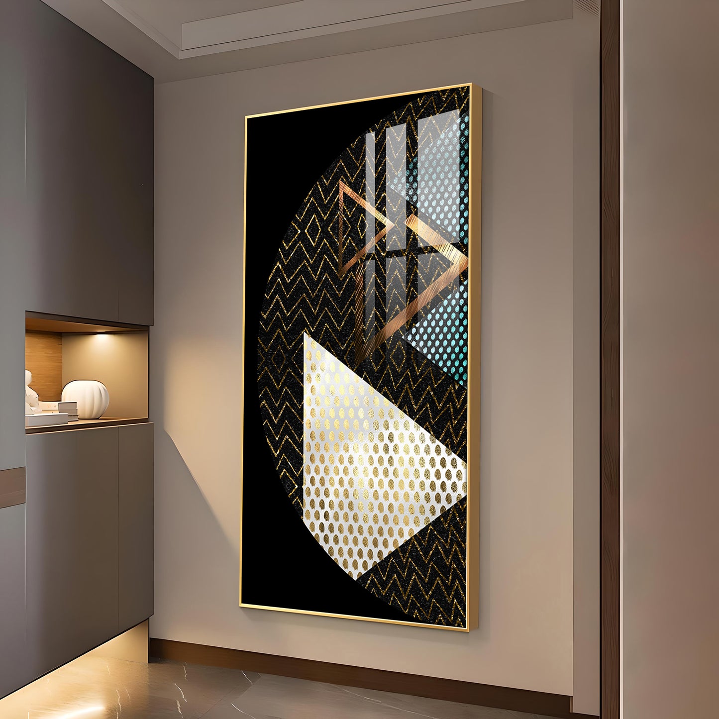 Triangular Opulence Glass Finish Vertical Wall Art