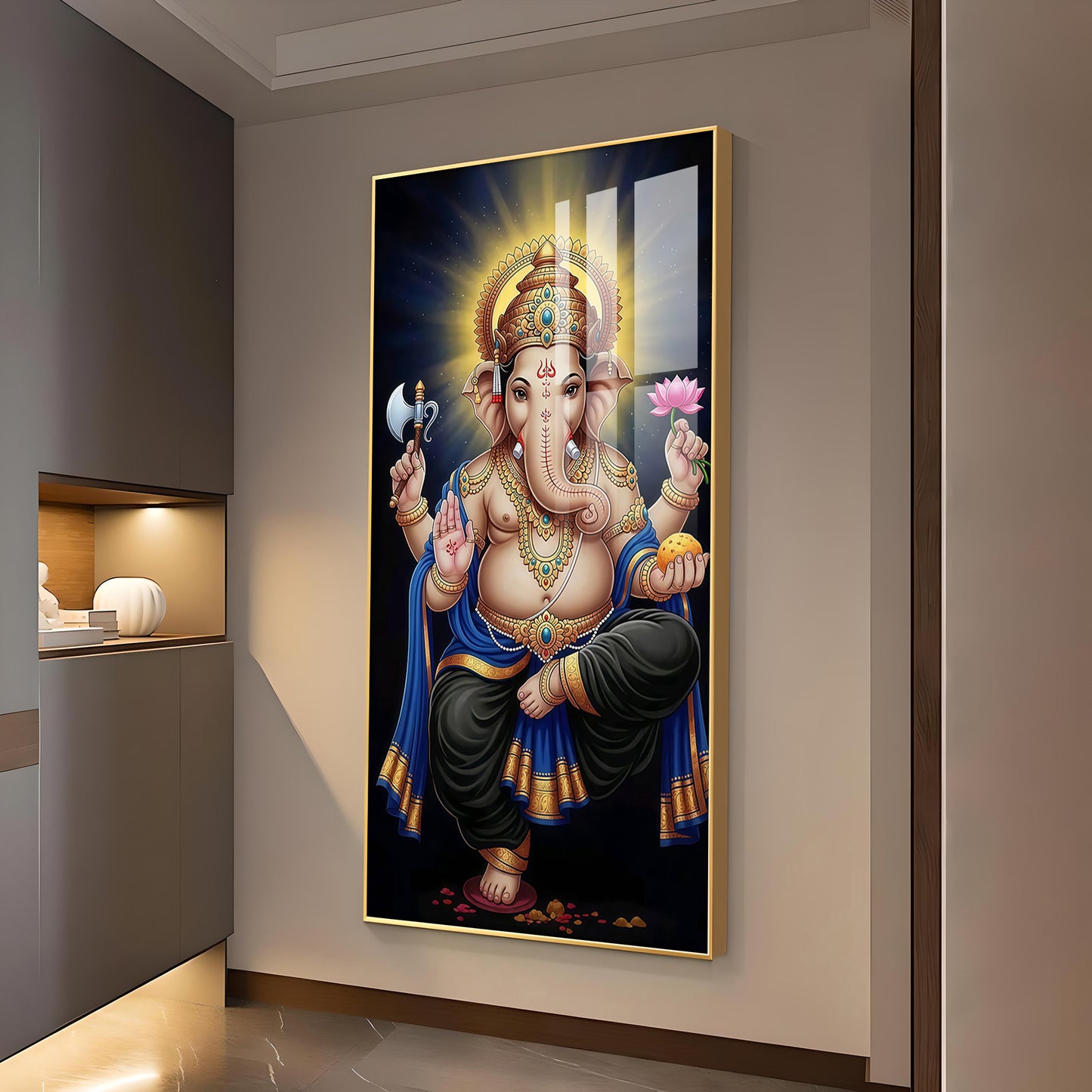 Om Gan Ganpataye Glass Finish Vertical Wall Art