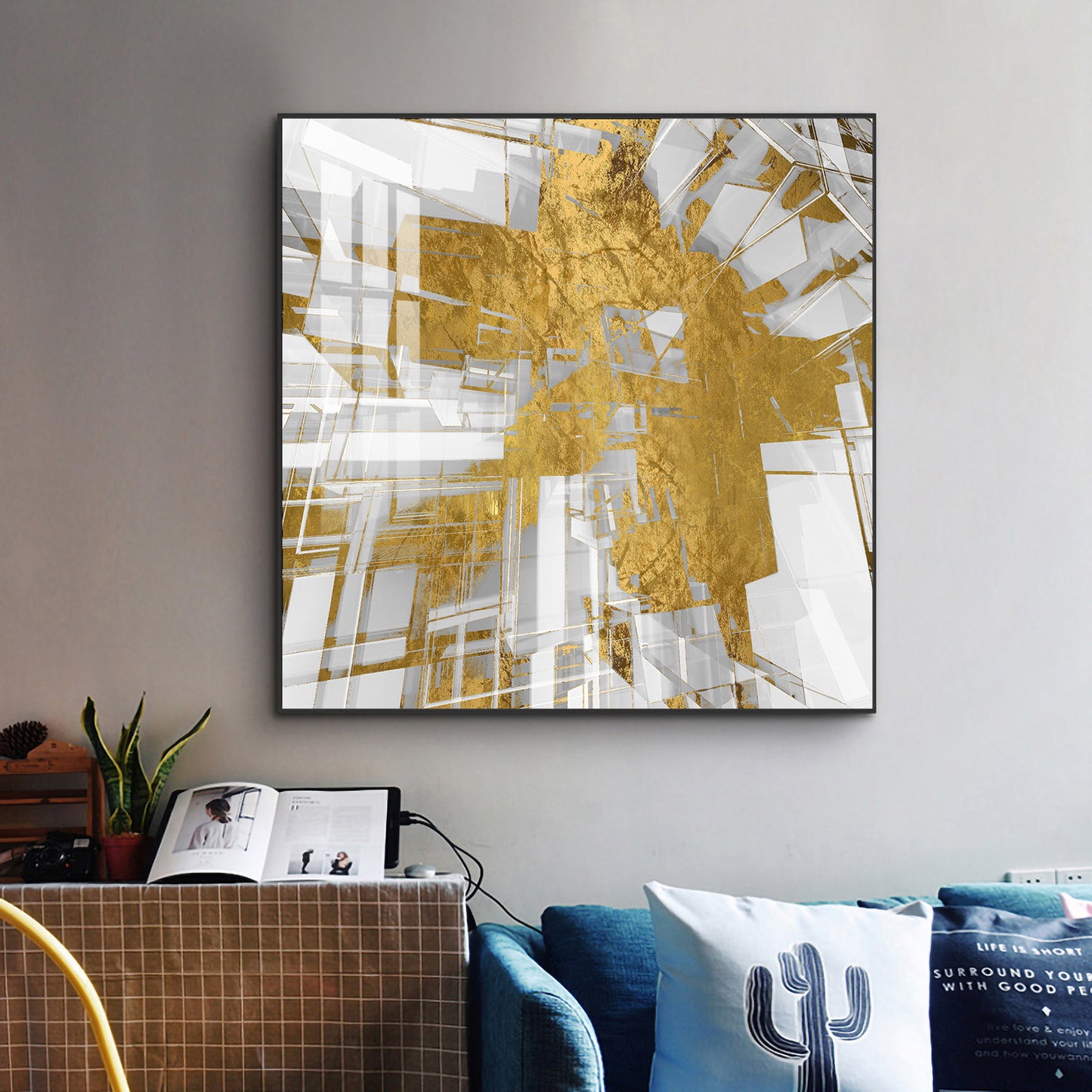 Symphony in Gold and White Glass Finish Square Wall Art