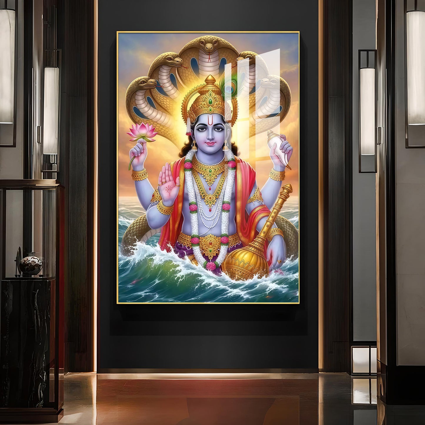 Sri Maha Vishnu Glass Finish Vertical Wall Art
