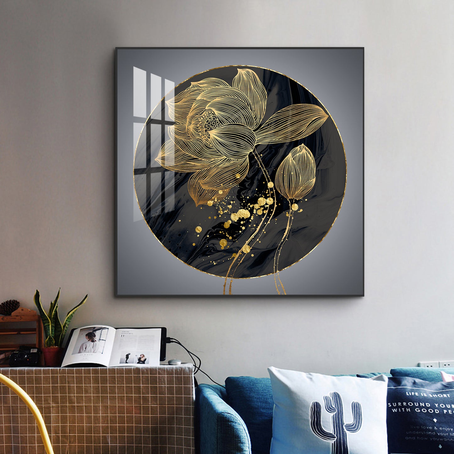 Golden Petal Grandeur Glass Finish Square Wall Art