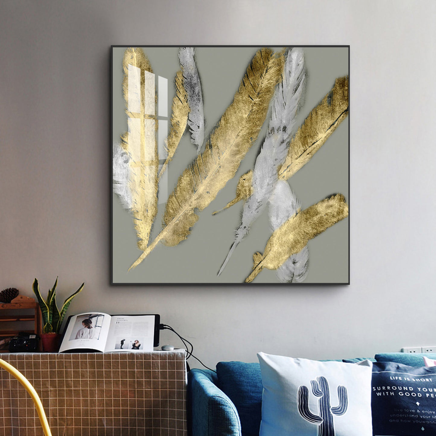 Feathered Elegance Glass Finish Square Wall Art