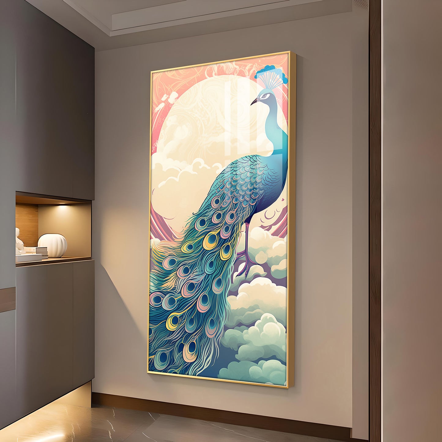 Heavenly Peacock Vista Glass Finish Vertical Wall Art