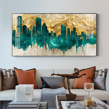 Golden Urban Vista Glass Finish Horizontal Wall Art