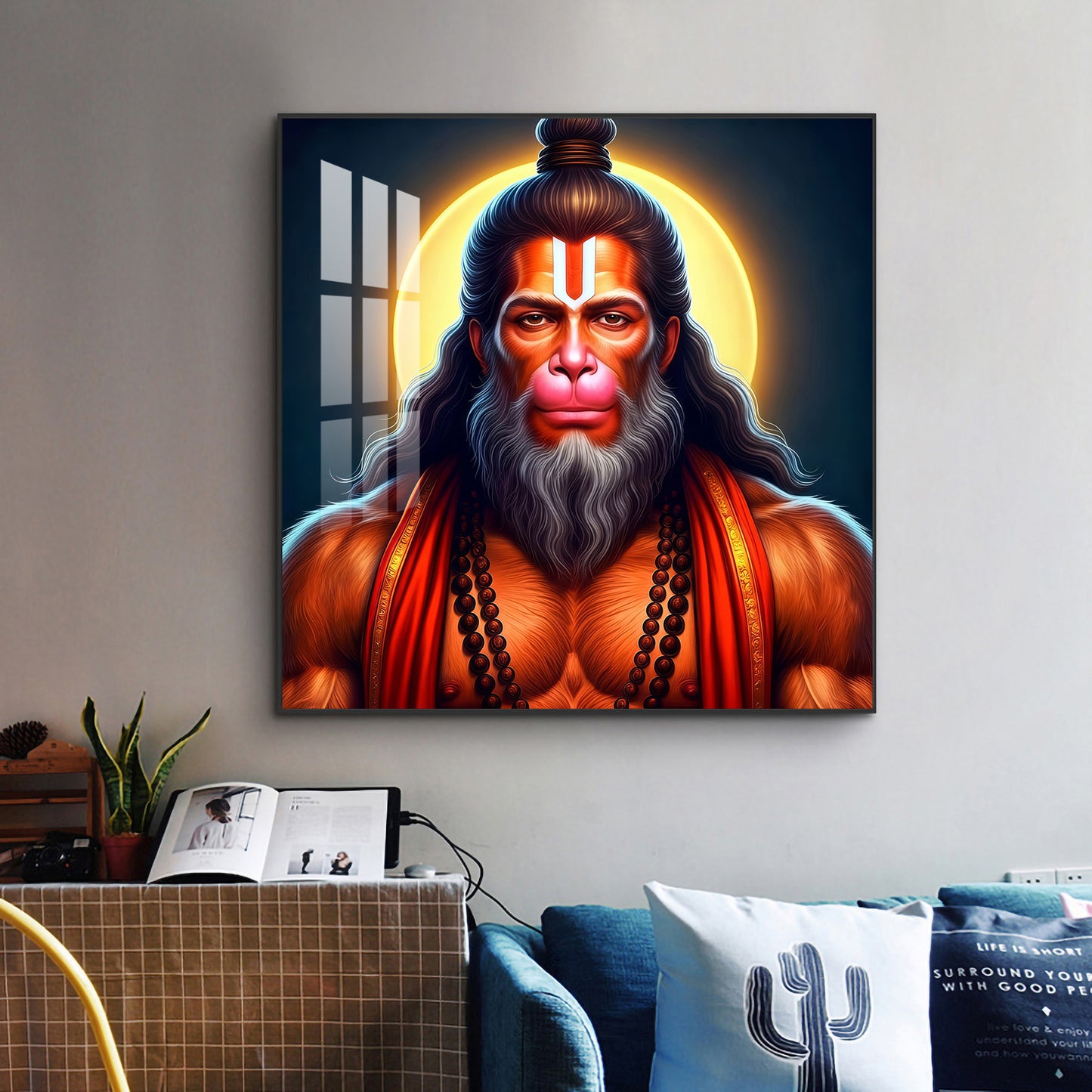 Lord Hanuman Glass Finish Square Wall Art