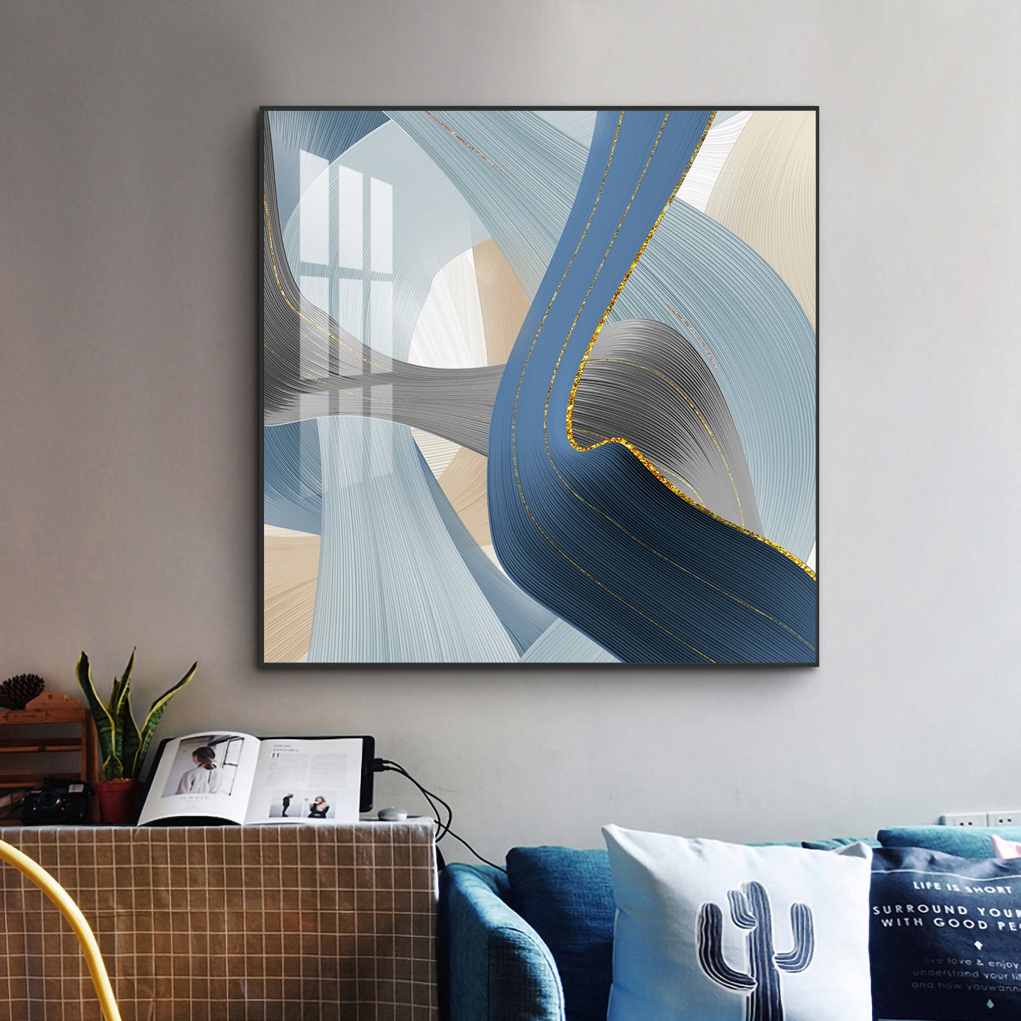 Blue Abstraction Glass Finish Square Wall Art