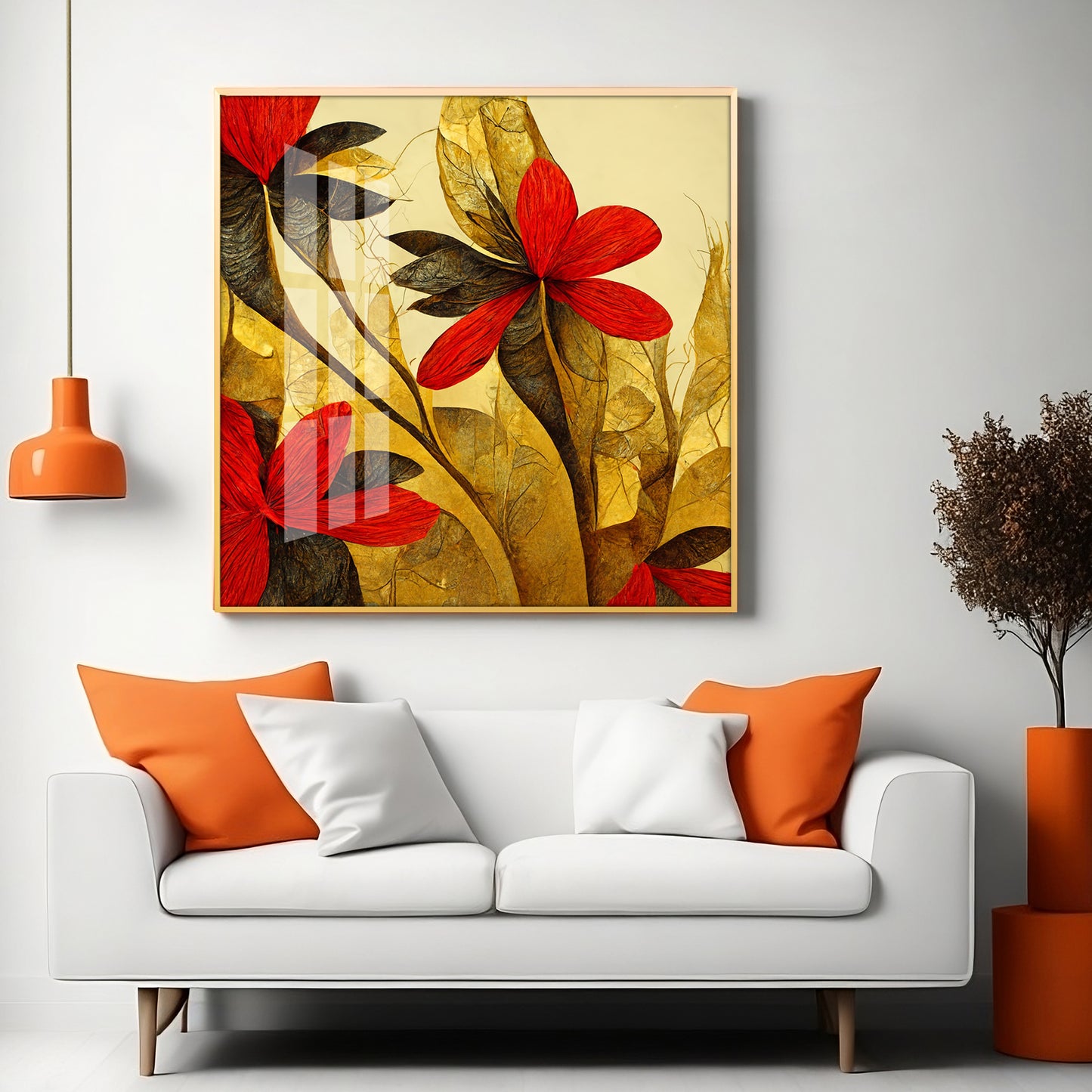Scarlet Bloom Glass Finish Square Wall Art