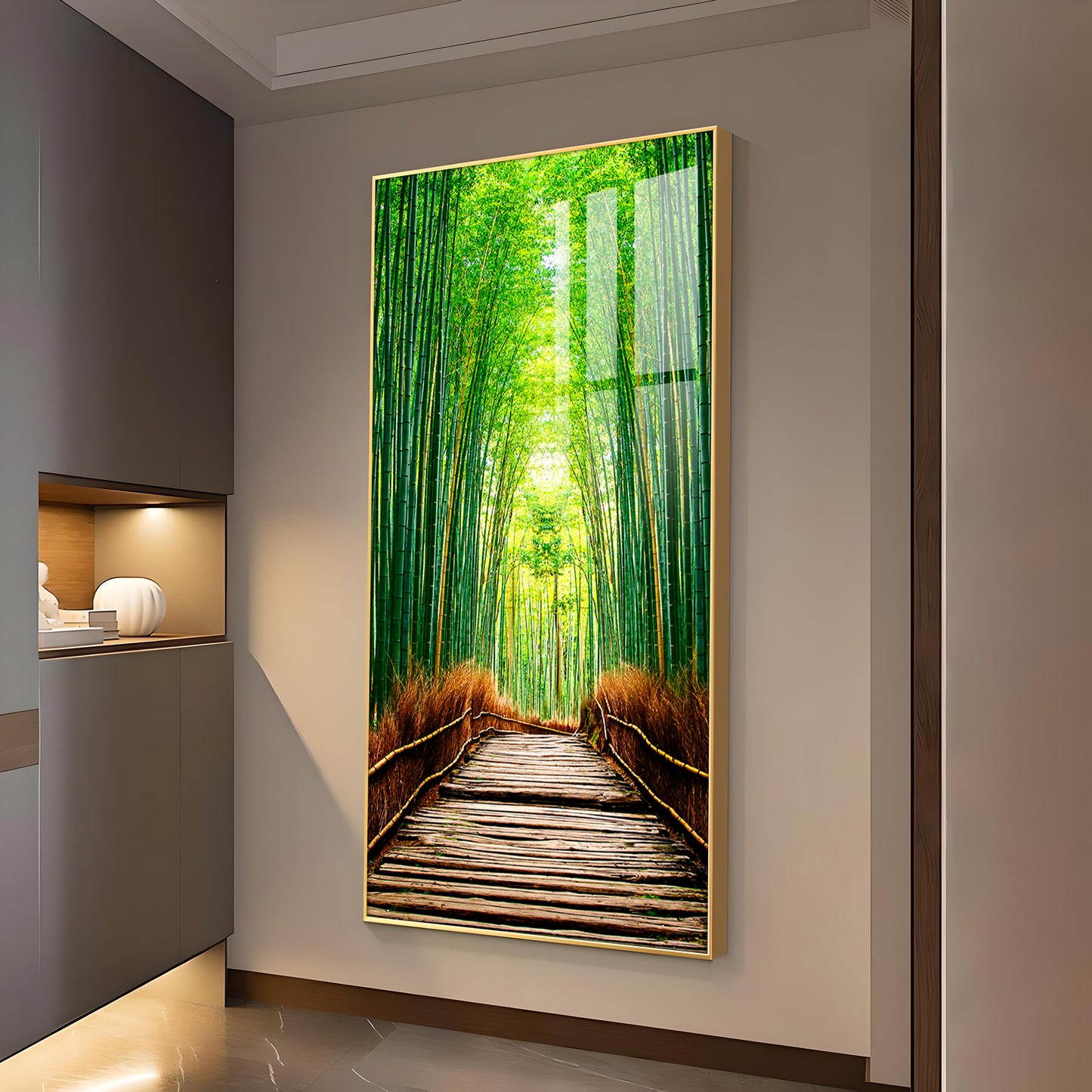 Harmony in Bamboo Trails Glass Finish Vertical Wall Art