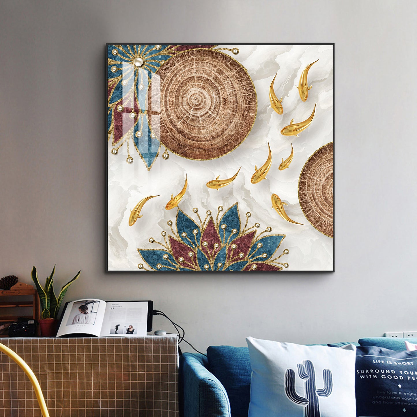 Ivory and Gold Fish Harmony Glass Finish Square Wall Art