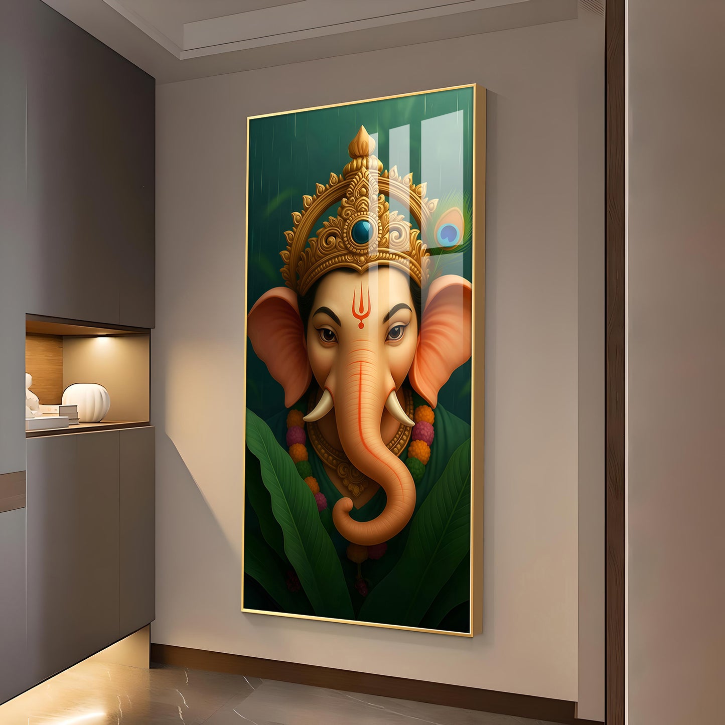 Vibrant Lord ganesha Artwork Glass Finish Vertical Wall Art
