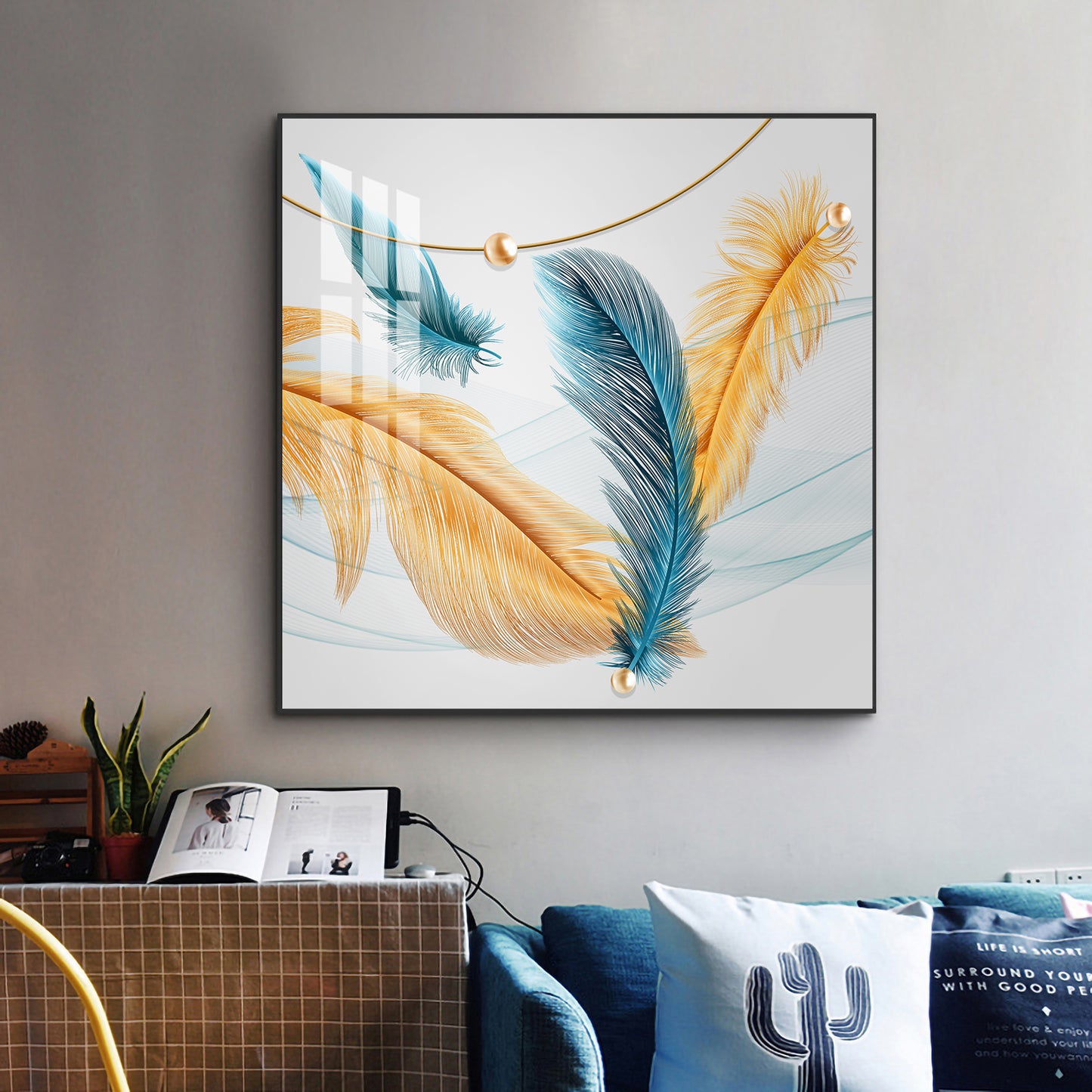 Radiant Blue and Yellow Plume Glass Finish Square Wall Art