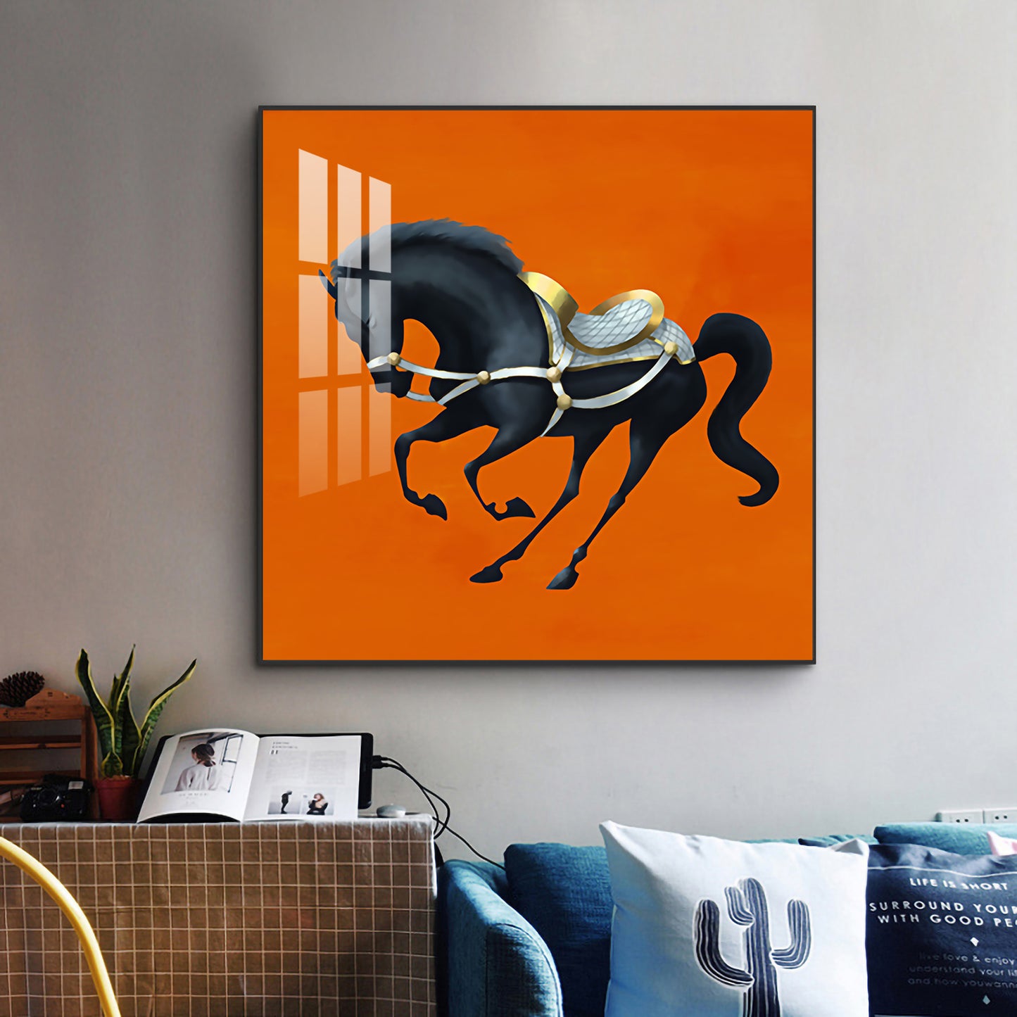 Jumping Horse In Orange Horizon Glass Finish Square Wall Art