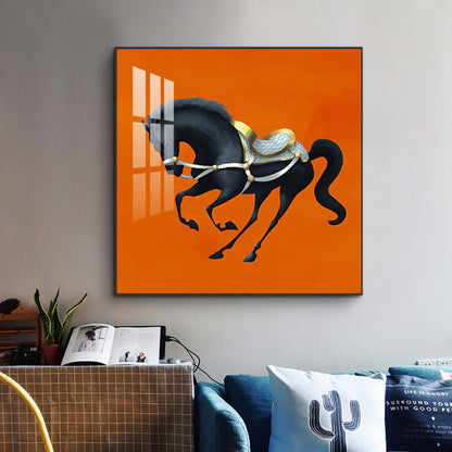 Jumping Horse In Orange Horizon Glass Finish Square Wall Art