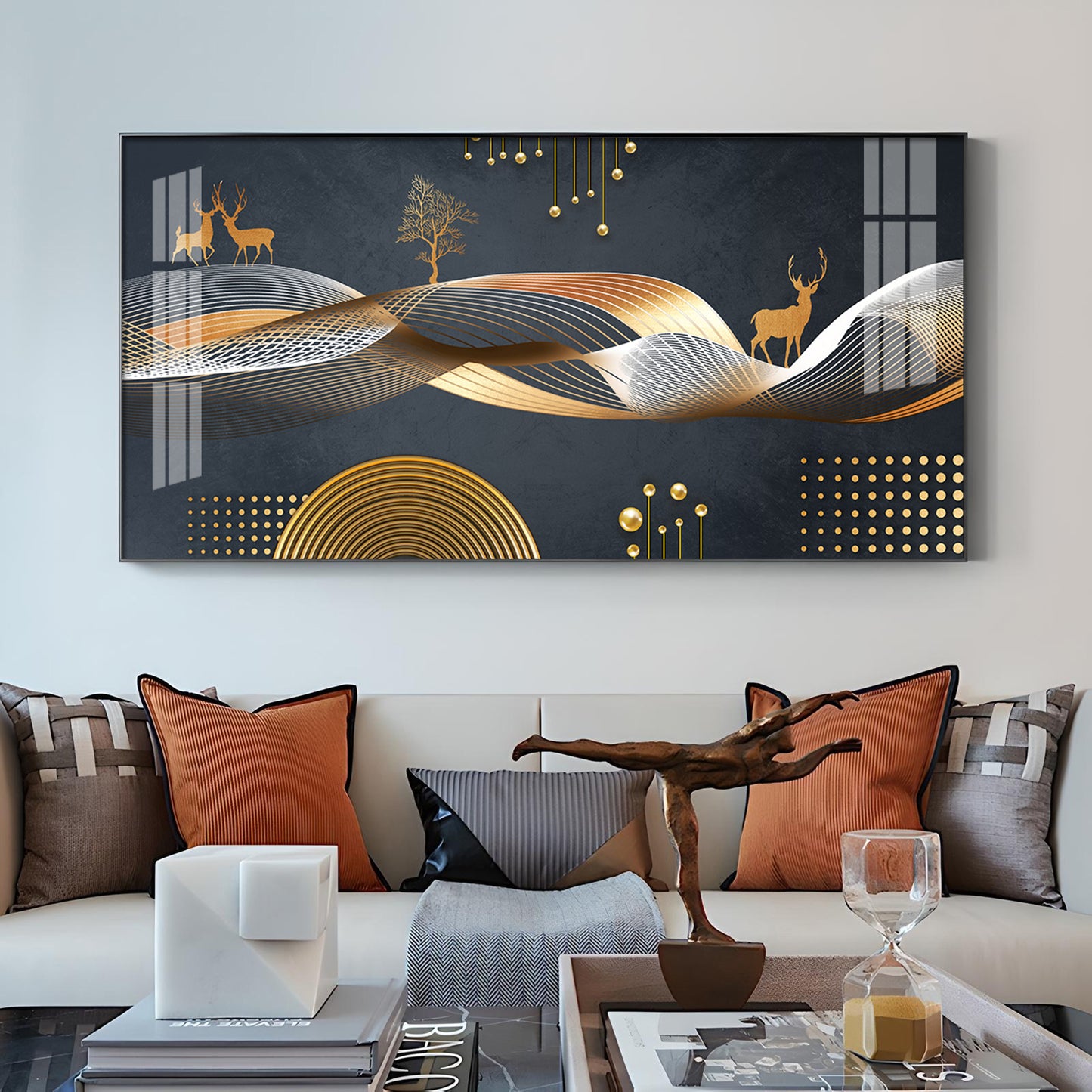 Night Landscape With Golden Deer Glass Finish Horizontal Wall Art