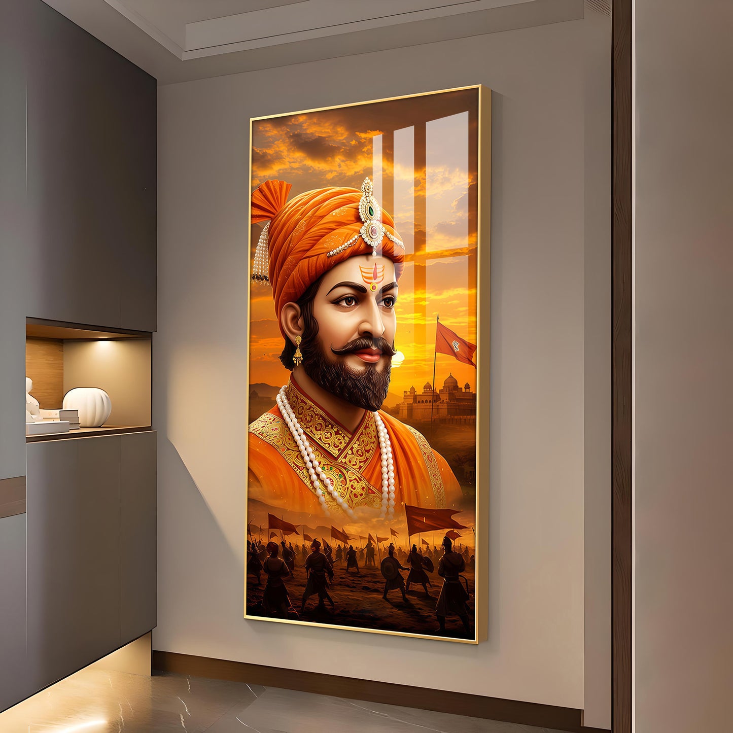 Shivaji Maharaj Glass Finish Vertical Wall Art