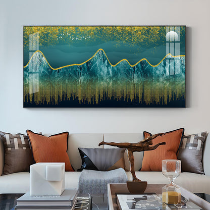 Dark Turquoise Mountains Glass Finish Horizontal Wall Art