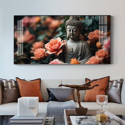 Calm Buddha With Flower Glass Finish Horizontal Wall Art