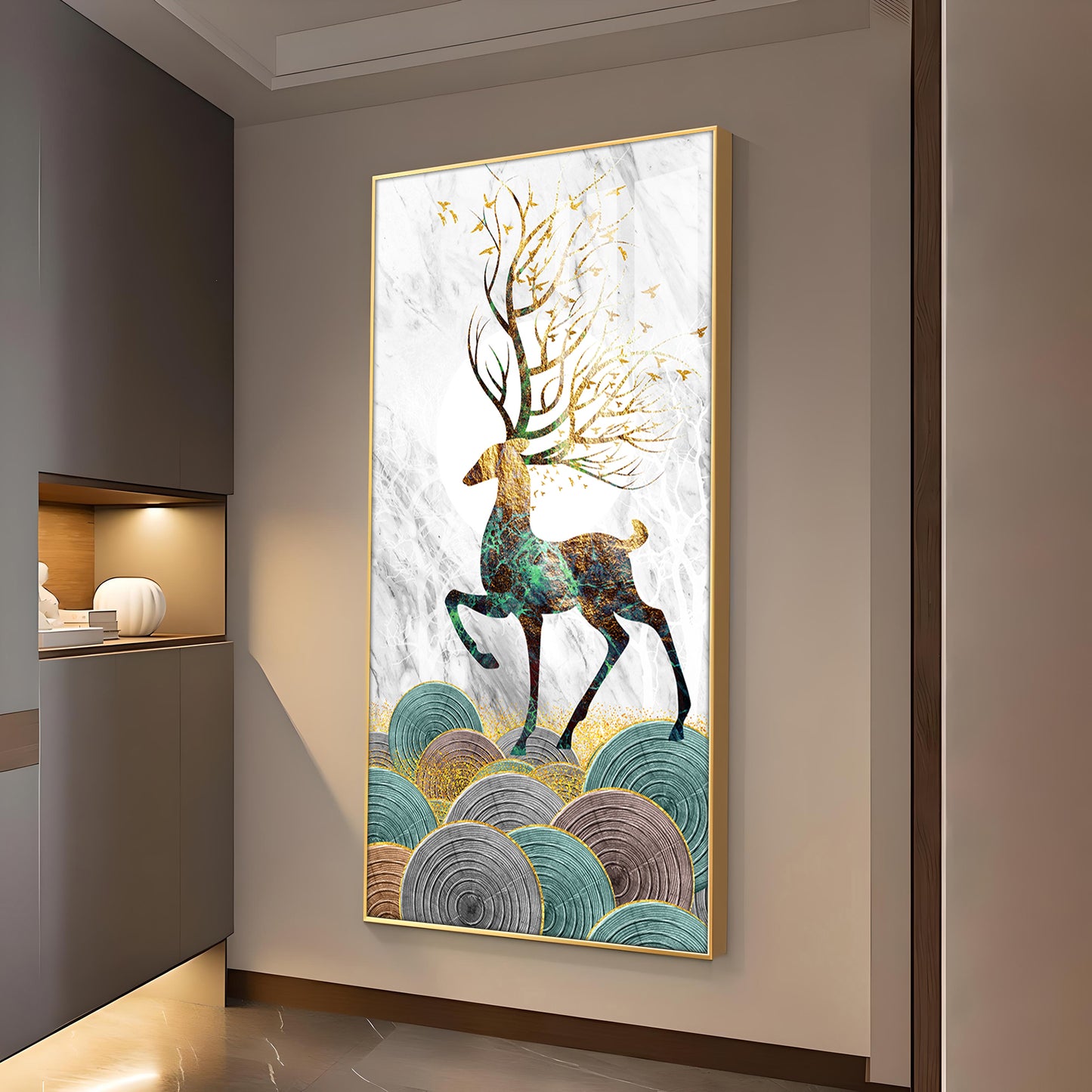 Deer and Its Branches Glass Finish Vertical Wall Art