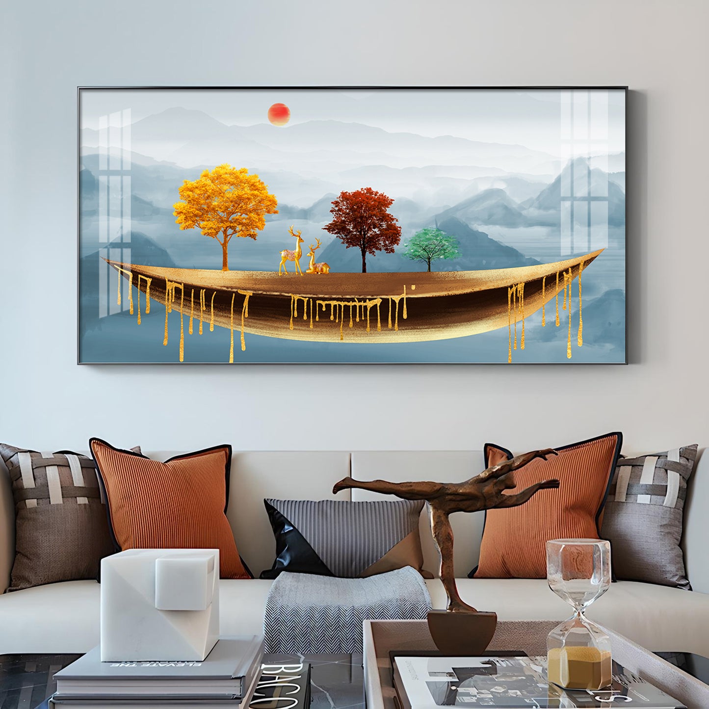 Golden Abstract Landscape Art Colored Line Tree Glass Finish Horizontal Wall Art