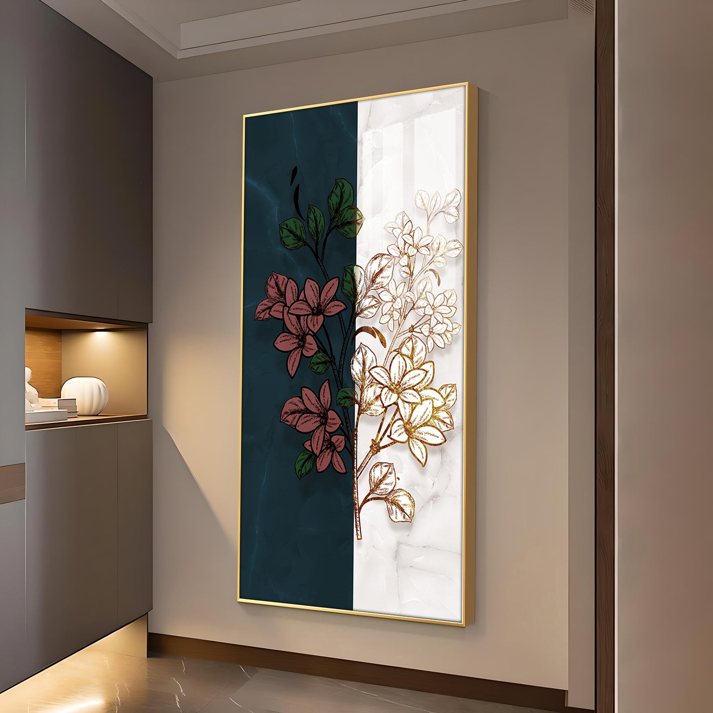 Dual Floral Marble Glass Finish Vertical Wall Art