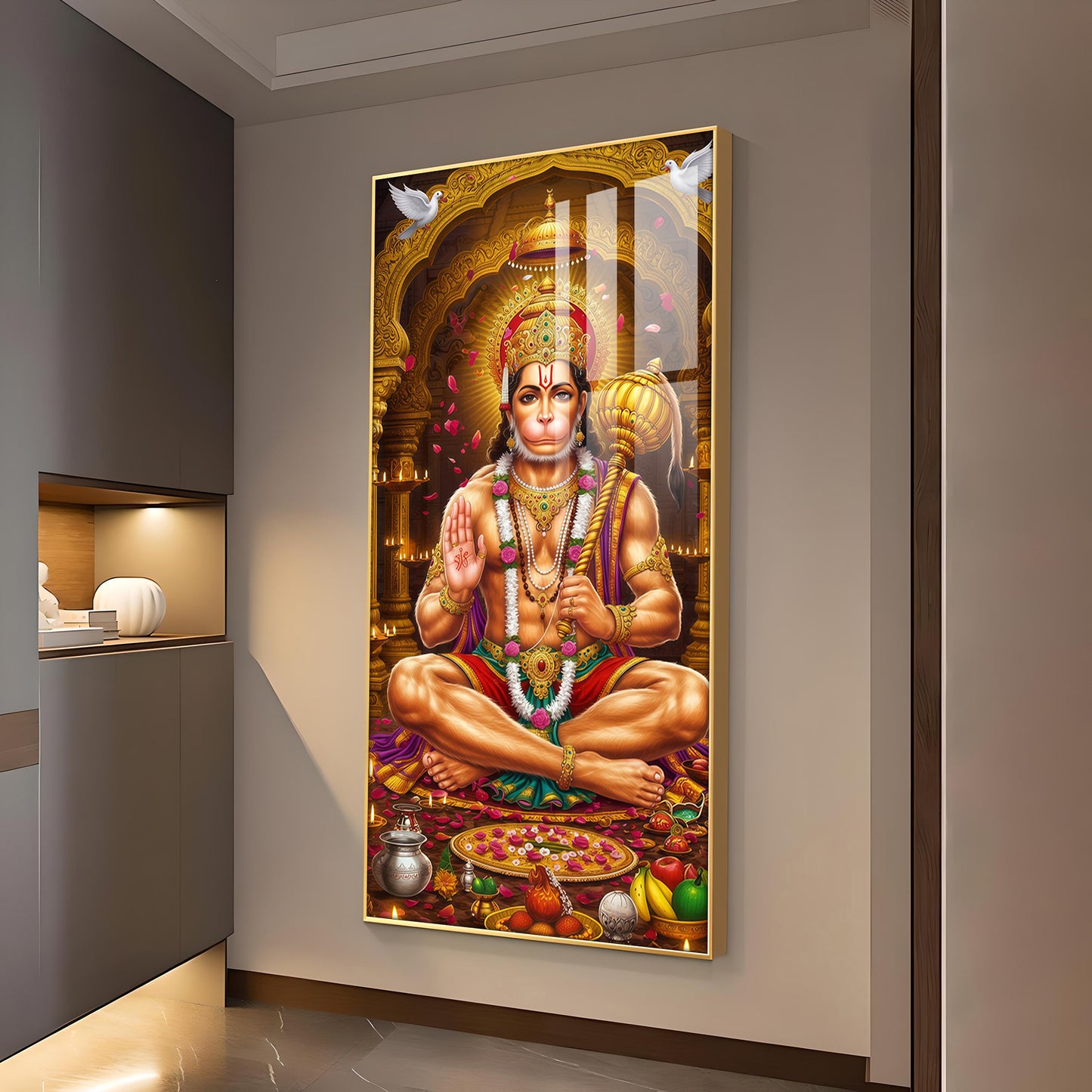 Spiritual Hanuman Ji Glass Finish Vertical Wall Art