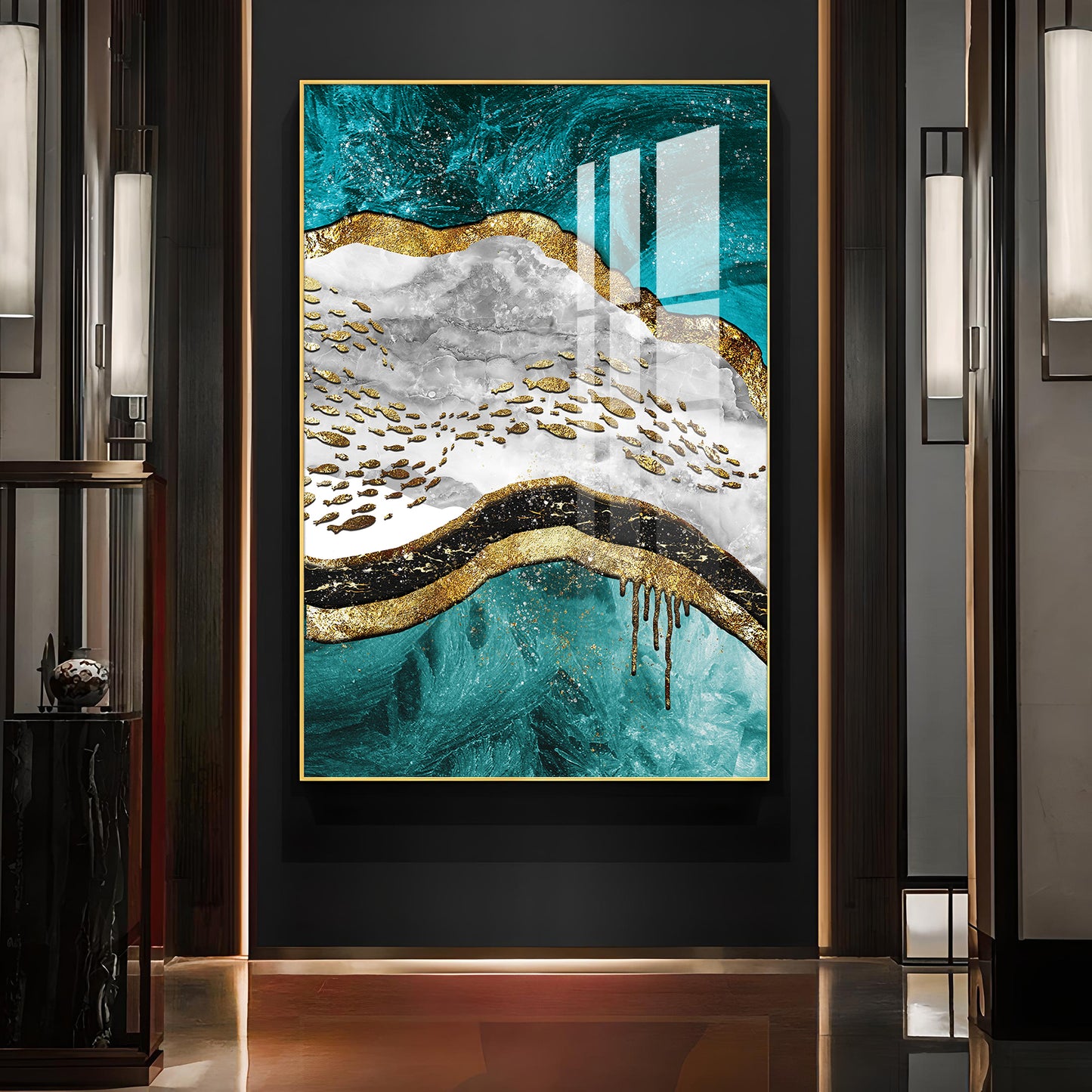 Aqua Gold Cascade Glass Finish Vertical Wall Art