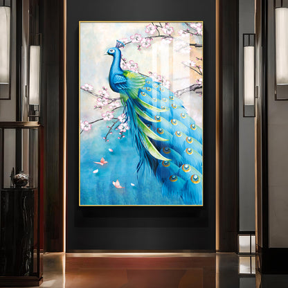 Peacock In Bloom Glass Finish Vertical Wall Art