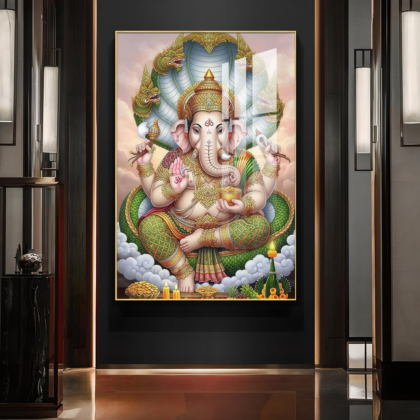 Hindu Lord Ganpati Bappa Glass Finish Vertical Wall Art