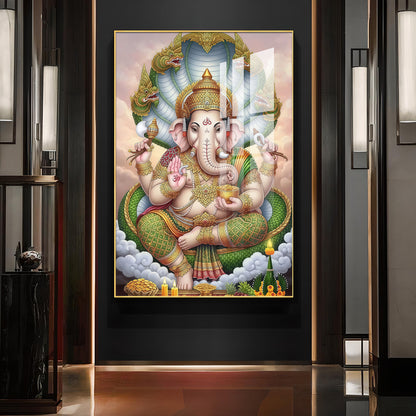 Hindu Lord Ganpati Bappa Glass Finish Vertical Wall Art