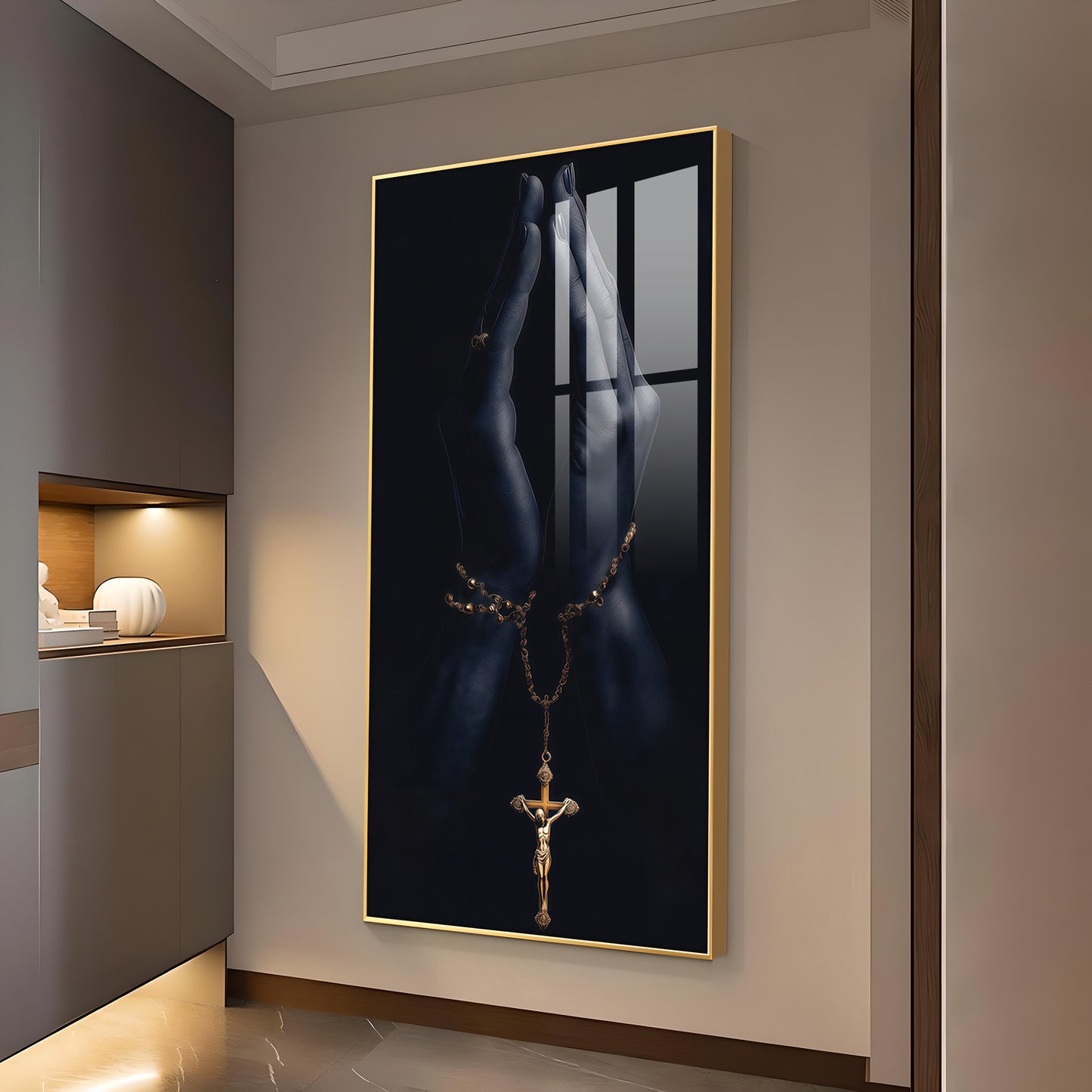 Jesus On The Cross Hand Glass Finish Vertical Wall Art