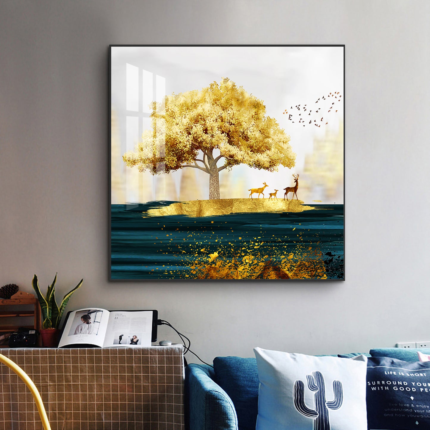 Golden Tree and Deer Glass Finish Square Wall Art