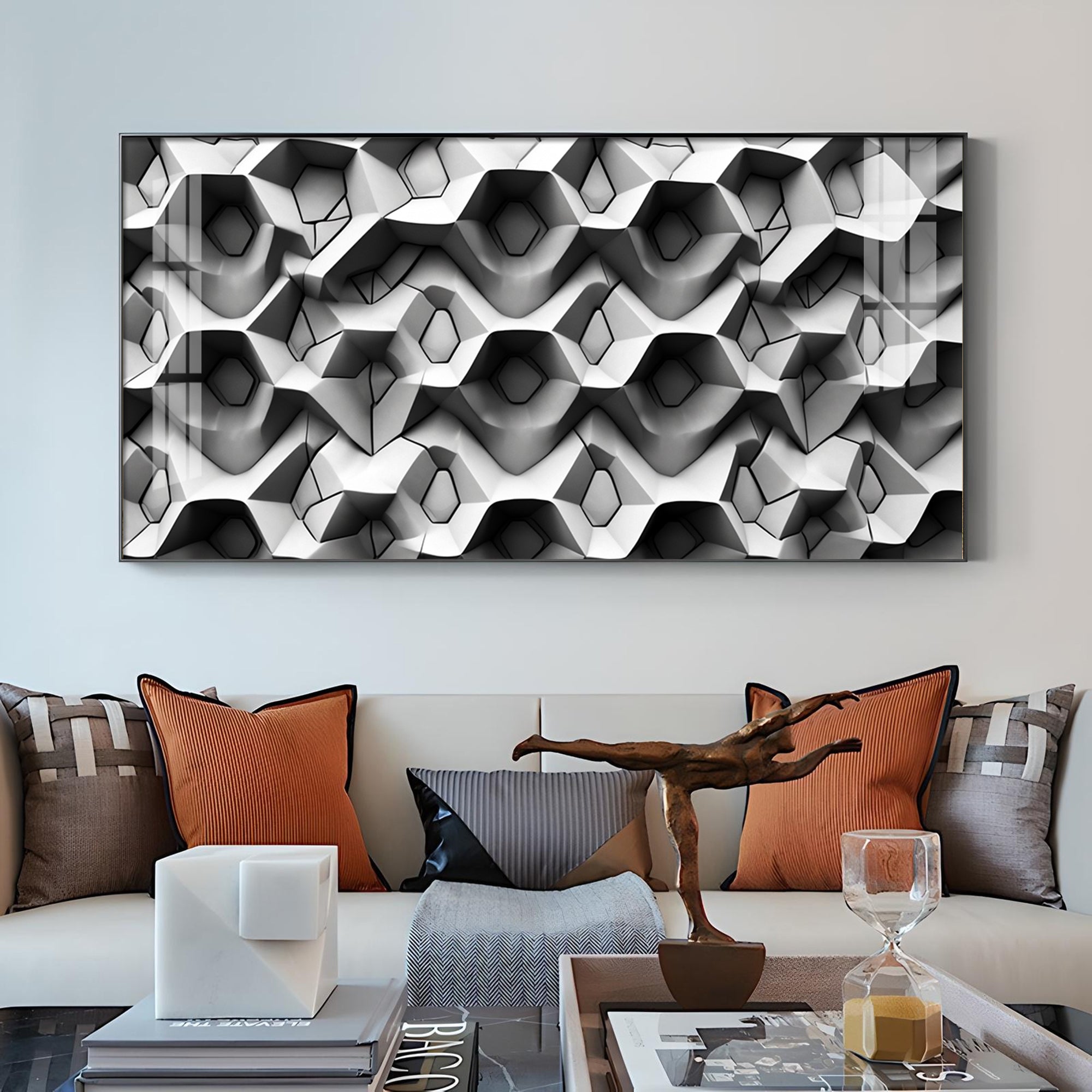 Beautiful Geometric Gray Background Glass Finish Horizontal Wall Art