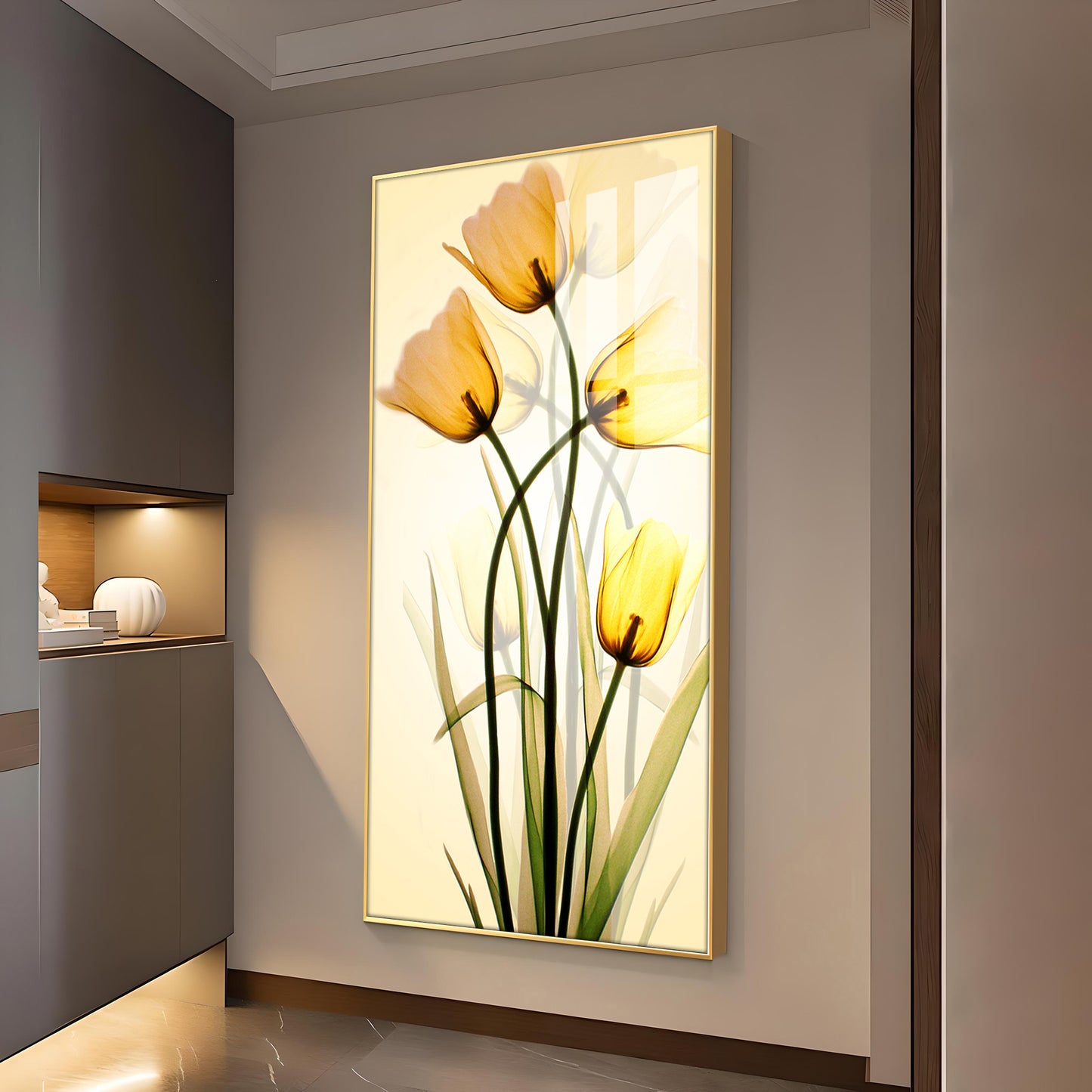 Radiant Yellow Tulips Glass Finish Vertical Wall Art