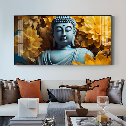 Majestic Buddha With Flower Glass Finish Horizontal Wall Art