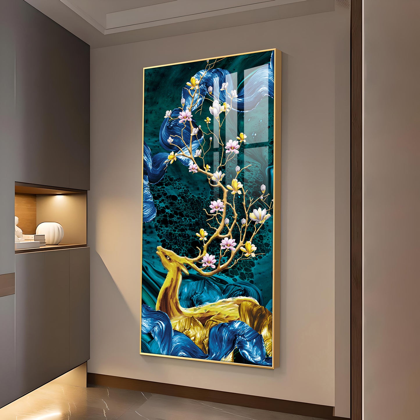 Deer’s Serenade Glass Finish Vertical Wall Art