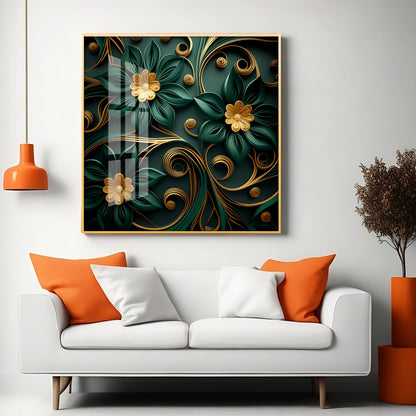 Emerald Garden Flower Glass Finish Square Wall Art