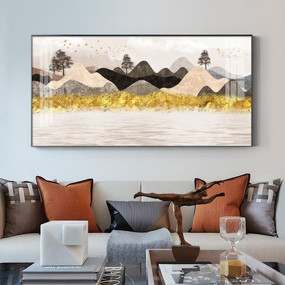 Colorful Golden Mountain Glass Finish Horizontal Wall Art