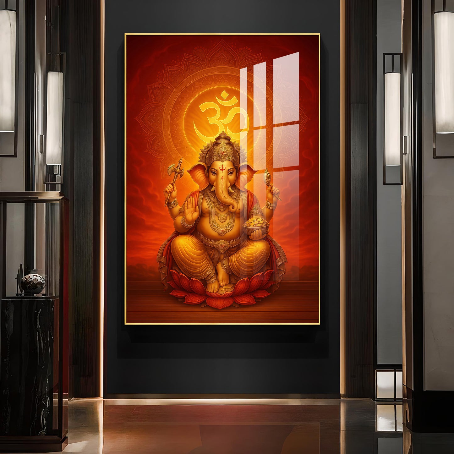 Hindu Lord Ganesh Ji Glass Finish Vertical Wall Art