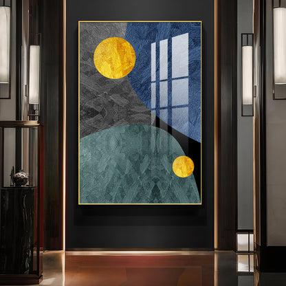 Abstract Yellow and Blue Glass Finish Vertical Wall Art