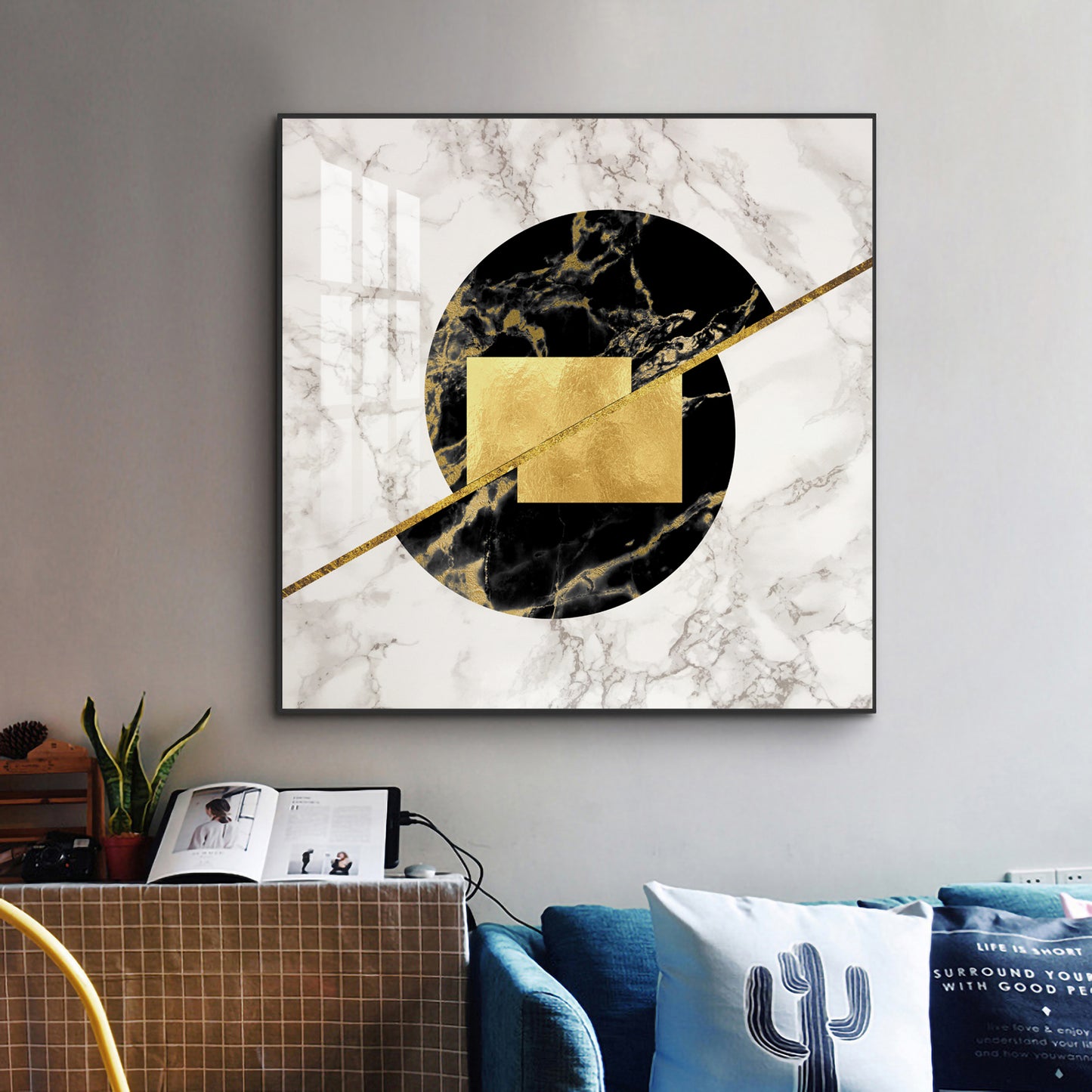 Gold-Infused Black Marble Glass Finish Square Wall Art