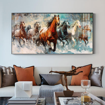 Running Horses Vastu Glass Finish Horizontal Wall Art