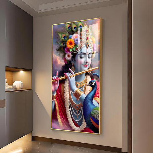 Lord Krishna Flower Crown Glass Finish Vertical Wall Art