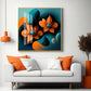Orange and Blue Blossom Fusion Glass Finish Square Wall Art